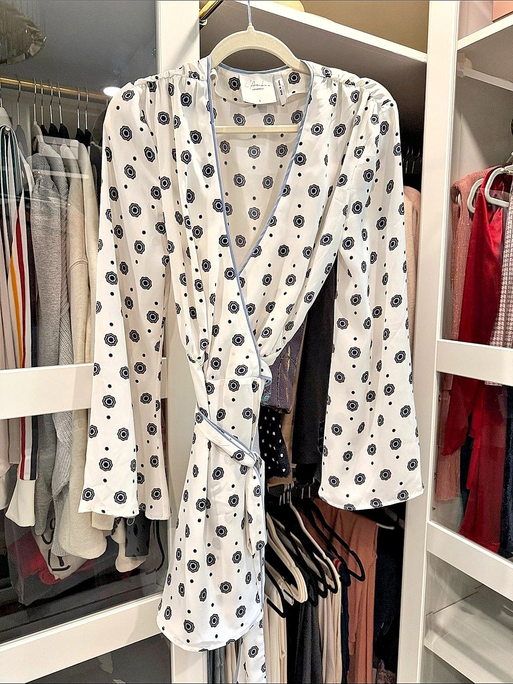L'Agence Floral Wrap Blouse in White & Blue Size XS Like New